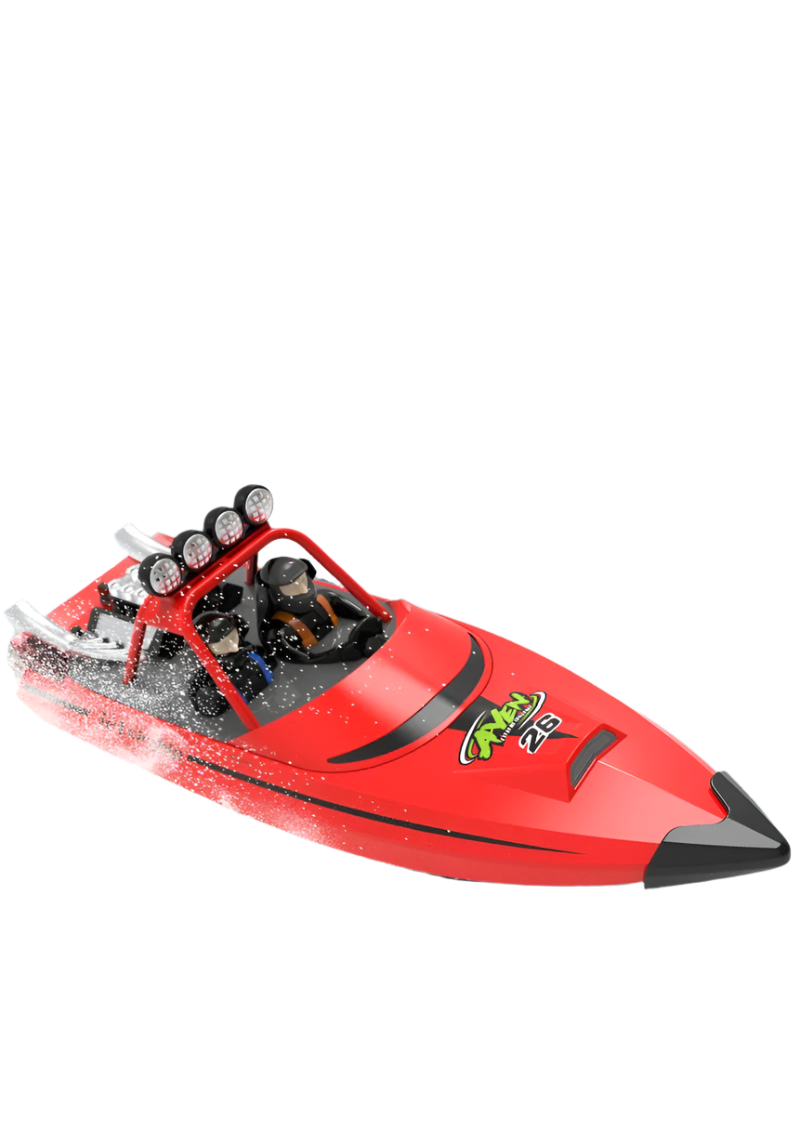 Red speedboat on water with text about throttle control and speed.